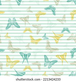 Flying exotic butterfly silhouettes over horizontal stripes vector seamless pattern. Childish fashion fabric print design. Lines and butterfly winged insect silhouettes seamless design.