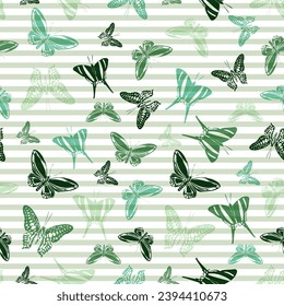 Flying exotic butterfly silhouettes over horizontal stripes vector seamless pattern. Baby clothing fabric print design. Stripes and butterfly garden insect silhouettes seamless illustration.