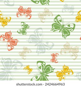 Flying exotic butterfly silhouettes over horizontal stripes vector seamless pattern. Childish fashion textile print design. Lines and butterfly winged insect silhouettes seamless wrapping.