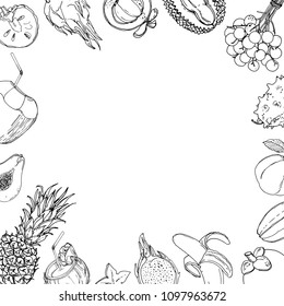 Flying exotic fruits on a white background. A sketch of food. Coconut, Physalis, mangosteen, pineapple, banana, jackfruit