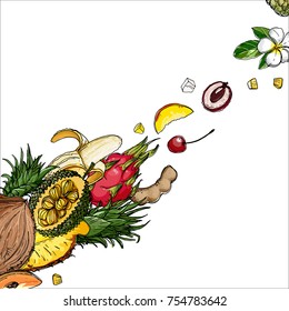 Flying exotic fruits on a white background. A sketch of food. Coconut, Physalis, mangosteen, pineapple, banana, jackfruit
