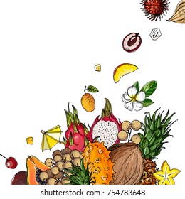 Flying exotic fruits on a white background. A sketch of food. Coconut, Physalis, mangosteen, pineapple, banana, jackfruit