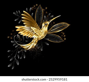 Flying, exotic, golden, jewelry hummingbird with wings and tail decorated with golden and black decorative pistachio twigs and tropical plants on black background. Golden hummingbird.