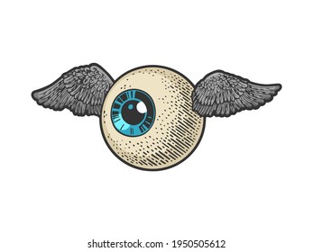 flying eye eyeball color sketch engraving vector illustration. T-shirt apparel print design. Scratch board imitation. Black and white hand drawn image.