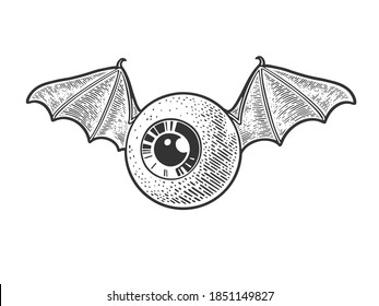 flying eye eyeball sketch engraving vector illustration. T-shirt apparel print design. Scratch board imitation. Black and white hand drawn image.