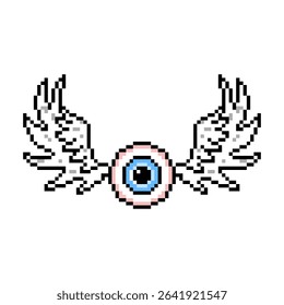 Flying eyeball monster with white angel wings, vector pixel art illustration isolated on white background. Creepy Halloween creature.