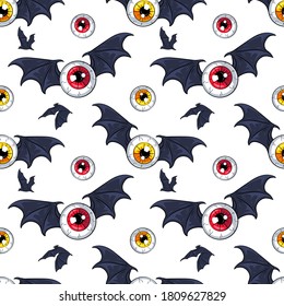 Flying Eyeballs with Bat Wings seamless pattern. Spooky vector illustrations for your Halloween, costume party and other designs, menu, party invitations, greeting cards, posters, cover, package, etc.