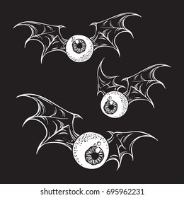 Flying eyeballs with creepy demon wings black and white halloween theme print design hand drawn vector illustration.