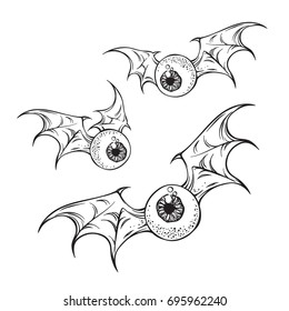 Flying eyeballs with creepy demon wings black and white halloween theme print design hand drawn vector illustration.