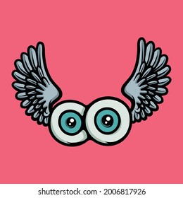 Concepto vectorial de ojos voladores. El béisbol con las alas ilustradas. Dibujo aislado en fondo rosa
