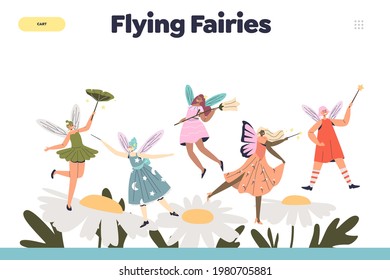 Flying fairies concept of landing page with cute tiny pixies over chamomile flowers. Adorable female elves with wings and magic wounds. Fiction and mythology. Flat vector illustration