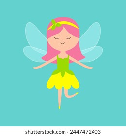 Fliegende Feen. Fee kleine Prinzessin mit Flügeln. Gelbes Blumenkleid. Nette Cartoon Kawaii lustige magische Figur. Papierpuppe. Haarschmuck, Zauberstab. Flaches Design. Grüner Hintergrund Isolierte Vektorgrafik