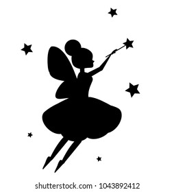 Flying fairy flapping magic wand. Black silhouette isolated on white background. Vector ilustration