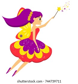 Flying fairy flapping magic wand. Elf princess in cartoon style. Isolated vector illustration for kids and babies
