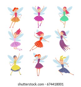 Flying fairy girls with angle wings vector characters set. Girl with wings cartoon illustration