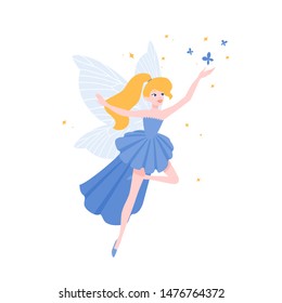 Flying fairy in gorgeous elegant gown isolated on white background. Mythological or folkloric winged magical creature, legendary or fairytale character. Flat cartoon colorful vector illustration.