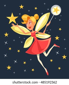 Flying fairy with magic wand character. Vector flat cartoon illustration