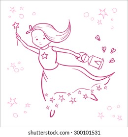 Flying fairy with a magic wand and lamp