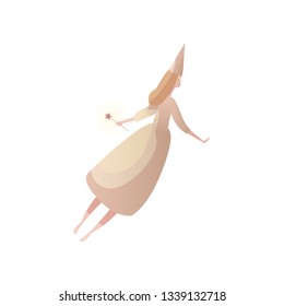 Flying fairy with magic wand on white background.