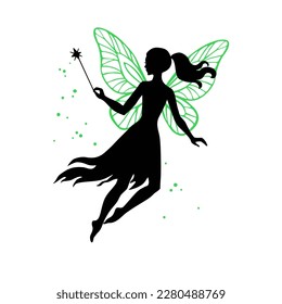 Flying fairy with magic wand vector silhouette illustration on white background.