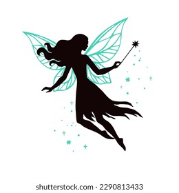 Flying fairy with magic wand vector silhouette illustration on white background.