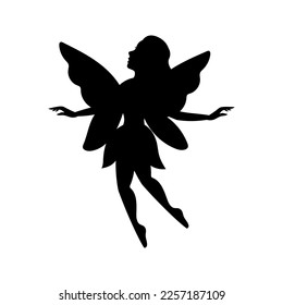 Flying fairy silhouette. Little creature with wings. Magical fairy logo. Mythical tale character in dress