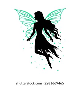 Flying fairy vector silhouette illustration on white background.