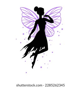 Flying fairy vector silhouette illustration on white background.