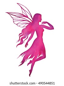 Flying fairy, watercolor textured vector silhouette illustration.