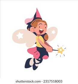 Flying Fairy with Wings and Magic Wand as Fairytale Character Vector Illustration