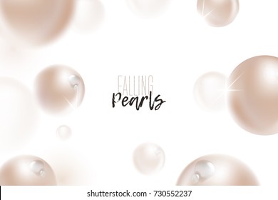 Flying (falling) beige, natural pearls with dew water drops, sparkles, shine, glow, reflection and blur effect on white background. Luxury jewelry pattern, beautiful pearls. Vector illustration