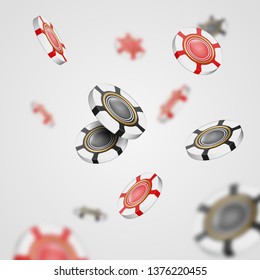 Flying falling casino chips on light background. Blurred chips background. Vector illustration.