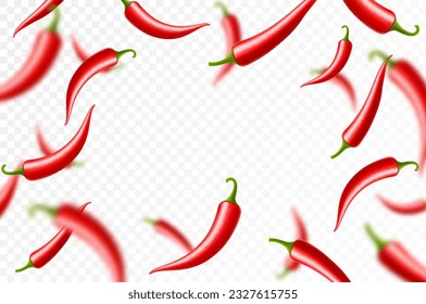 Flying or falling chili pepper isolated on transparent background. selective focus. Can be used for advertising, packaging, banner, poster, print. Realistic 3d vector design