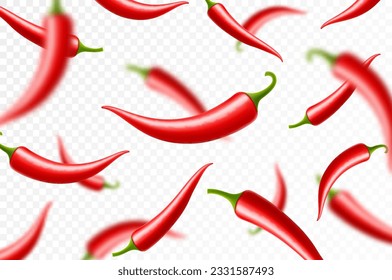 Flying or falling chili pepper isolated on transparent background. selective focus. Can be used for advertising, packaging, banner, poster, print. Realistic 3d vector design