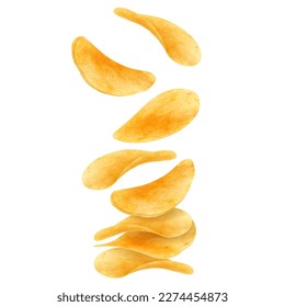 Volando y cayendo patatas fritas crujientes fondo vectorial realista. Refinadas rodajas crujientes de patatas fritas con sal y especias Tercer telón de fondo de comida rápida y crujientes