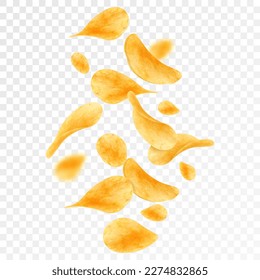 Volando y cayendo patatas fritas crujientes fondo vectorial realista. Refinadas rodajas crujientes de patatas fritas con sal y especias Tercer telón de fondo de comida rápida y crujientes