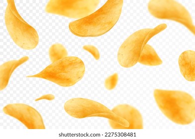 Flying and falling crispy potato chips realistic vector background. Thin crunchy slices of fried potato vegetable with salt and spices 3d backdrop of fast food snacks and crisps