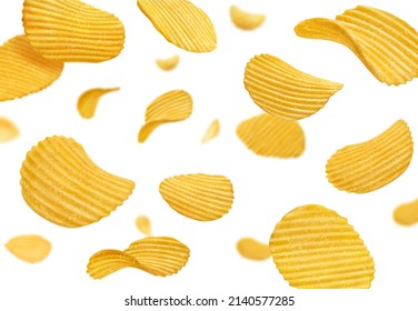 Flying and falling crispy ripple potato chips vector realistic snacks splash. Flying baked potato chips with ribbed crunchy crisps, appetizer advertising and food package design