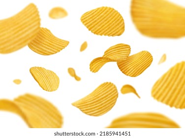 Flying and falling crispy ripple potato chips. Floating salty snack, flying crunchy and potato chips, 3d realistic junk food meal vector crispy chips background with blur and bokeh effect