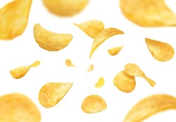 Flying And Falling Crispy Wavy Potato Chips Realistic Vector Background. Thin Crunchy Slices Of Fried Potato Vegetable With Salt And Spices 3d Backdrop Of Fast Food Snacks And Crisps