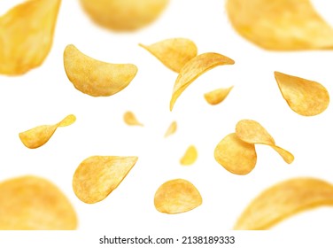 Flying and falling crispy wavy potato chips realistic vector background. Thin crunchy slices of fried potato vegetable with salt and spices 3d backdrop of fast food snacks and crisps