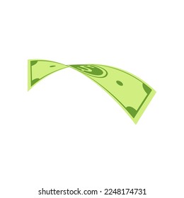 Flying or falling dollar bill illustration. Rain of cash or money, bingo or lottery win, floating banknote with currency symbol on white background. Banking, finances, investment, jackpot concept