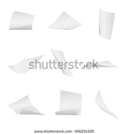 Flying, falling office white paper sheets vector set. Paper flight, illustraion of flying sheet paper