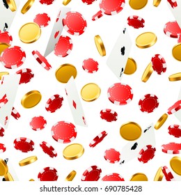 Flying falling poker cards with playing chips and coins. Casino objects on the white seamless background. Vector illustration