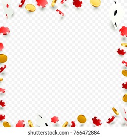 Flying falling poker cards with playing chips and coins. Casino objects on the transparent background. Vector illustration