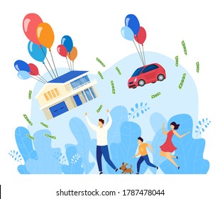 Flying Family House Flat Concept Vector Illustration. Cartoon Father Mother And Kid Characters Running After Moving Car And House Gifts, Flying On Colorful Air Balloons, New Property Isolated On White