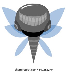 Flying fantasy alien monster with blue fragile wings - future robotic steel metal creature, mascot, game character hero