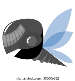 Flying fantasy alien monster with blue fraigle wings - future robotic steel metal creature, mascot, game character
