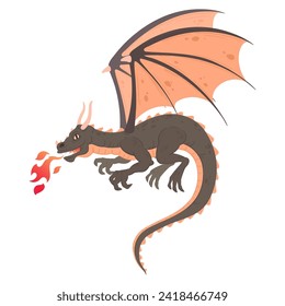 Flying fantasy dragon. Cartoon flying fairy tale reptile, winged fire breathing dragon flat vector illustration. Fairy dragon on white