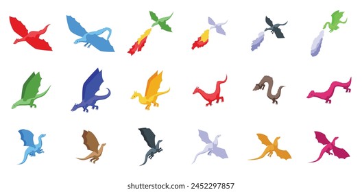 Flying fantasy dragon icons set isometric vector. Animal wings. Magic reptile